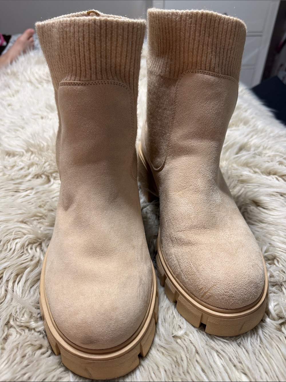 Suede Rib-Knit Ankle Booties in Beige